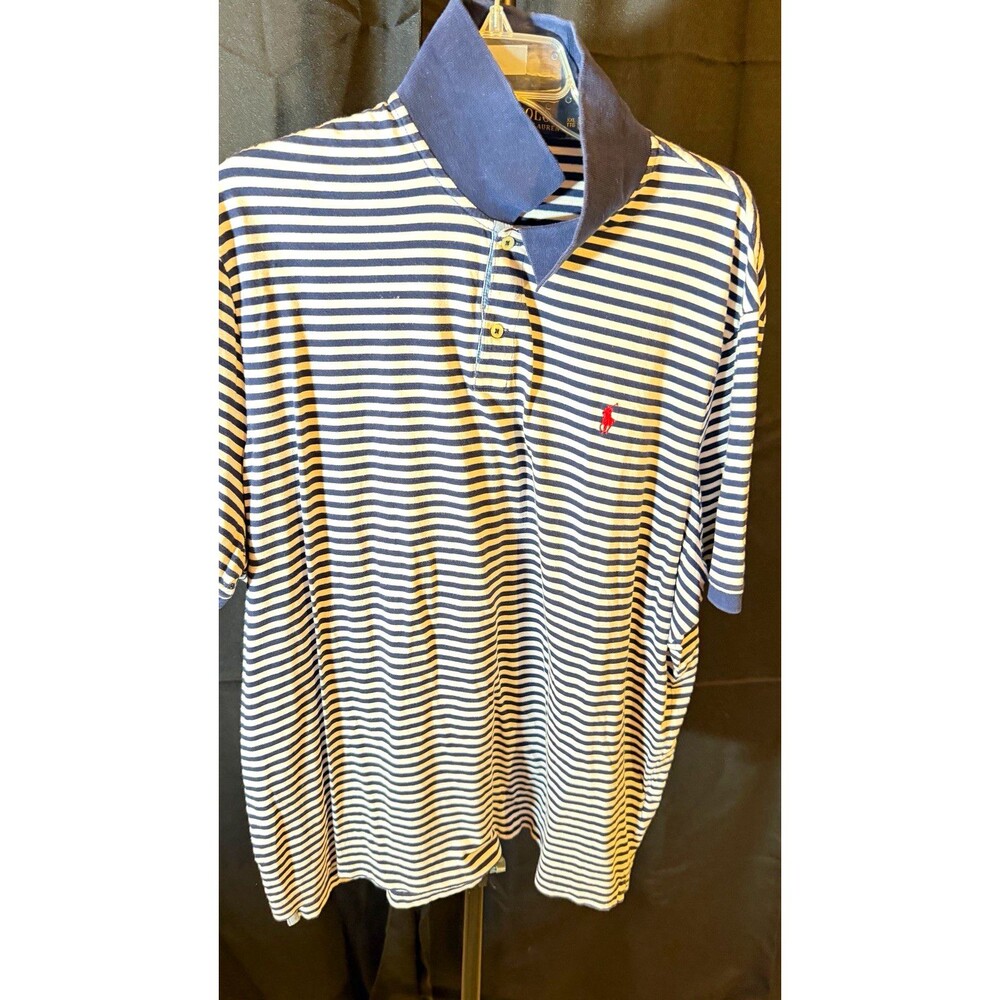 Polo Ralph Lauren Men's XXL Blue/White Striped Polo Shirt SS Logo Button Collar